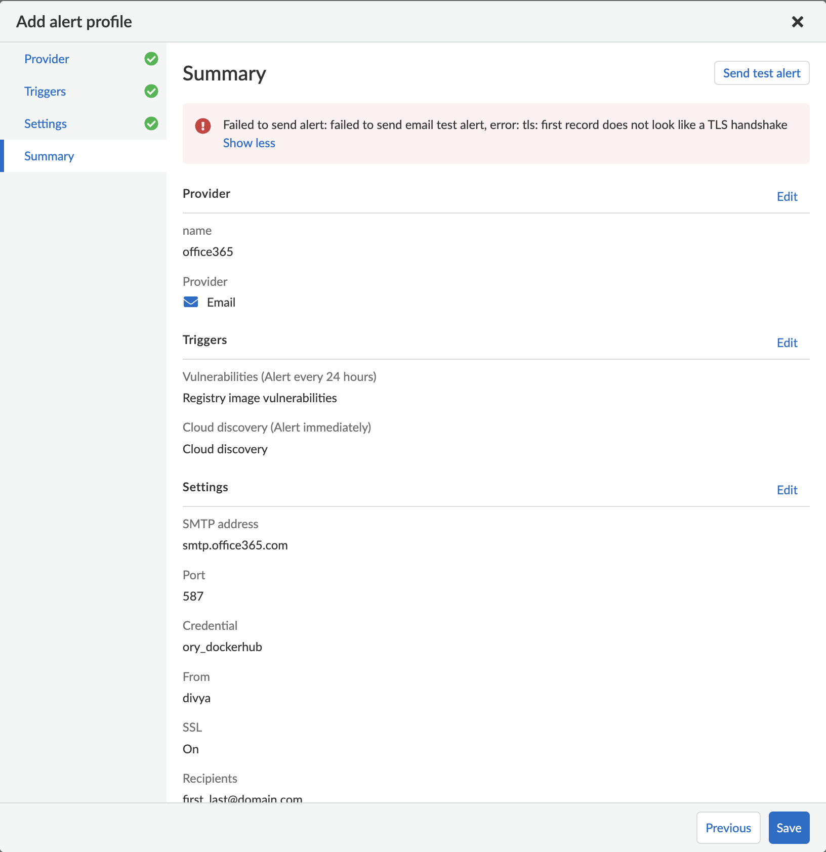 email alert failed handshake