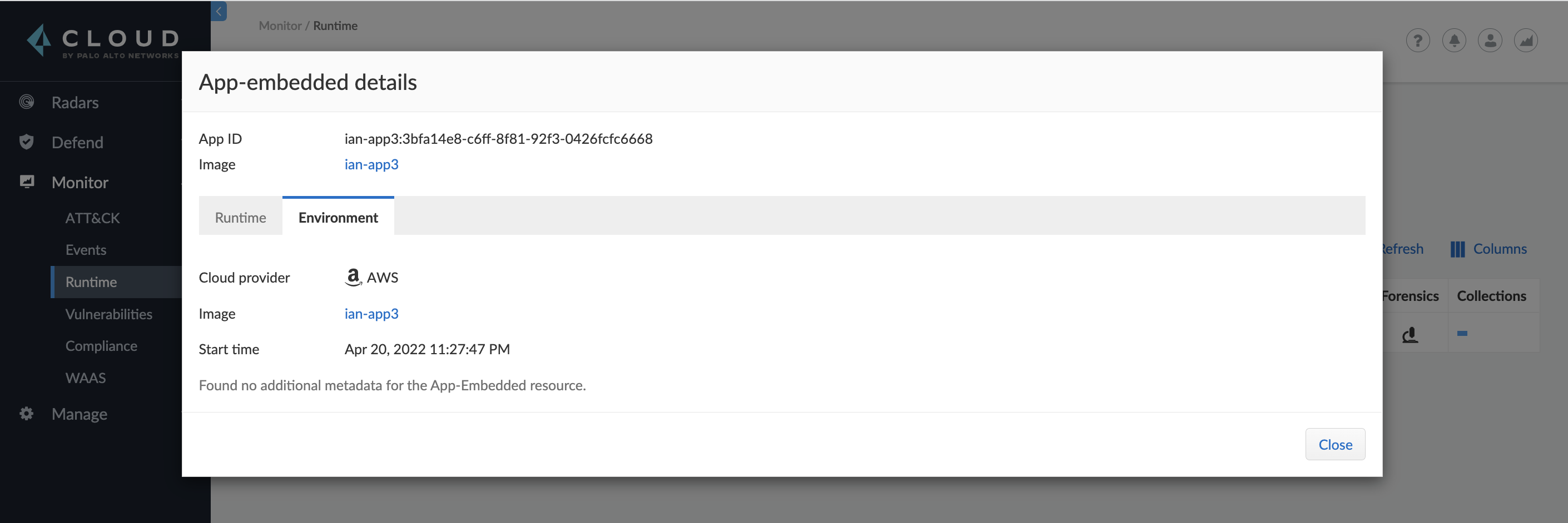 runtime defense app embedded obvervations metadata