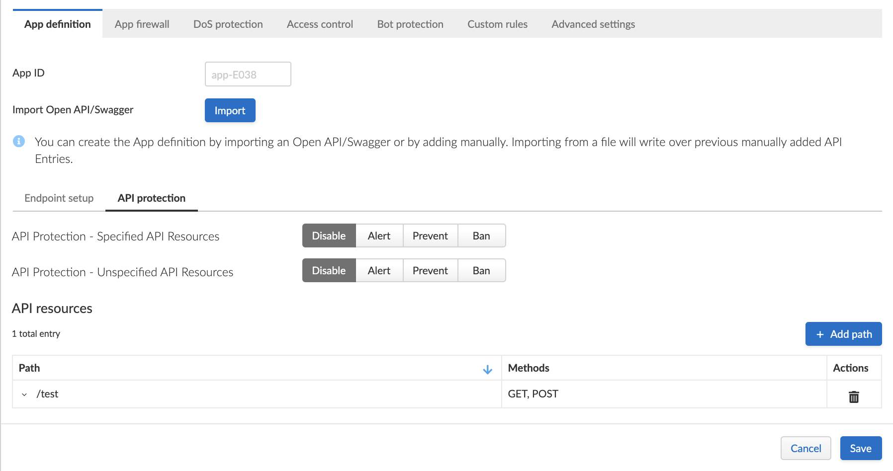 waas api protection config actions
