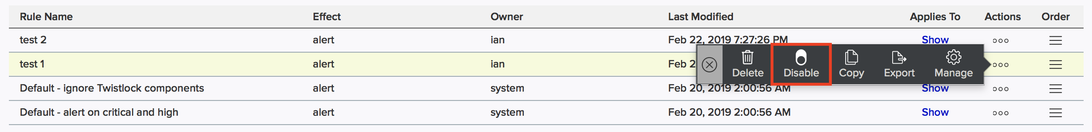 rule ordering disable rule