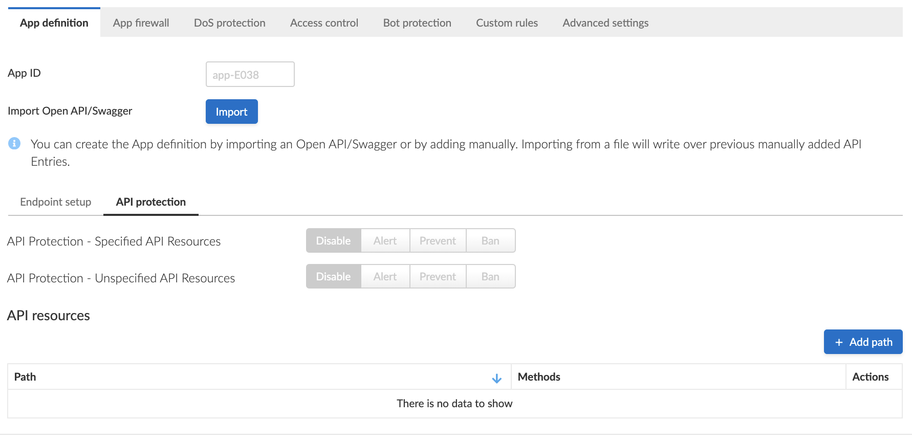 waas api protection tab empty