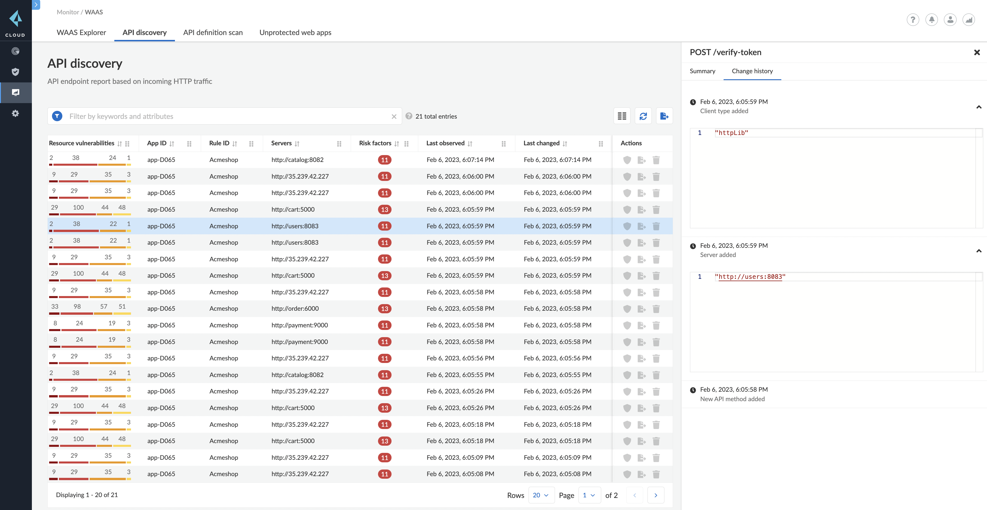 waas api discovery api change history