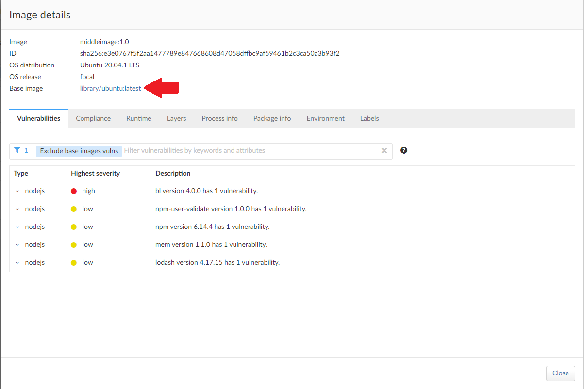 base images vulnerabilities tab