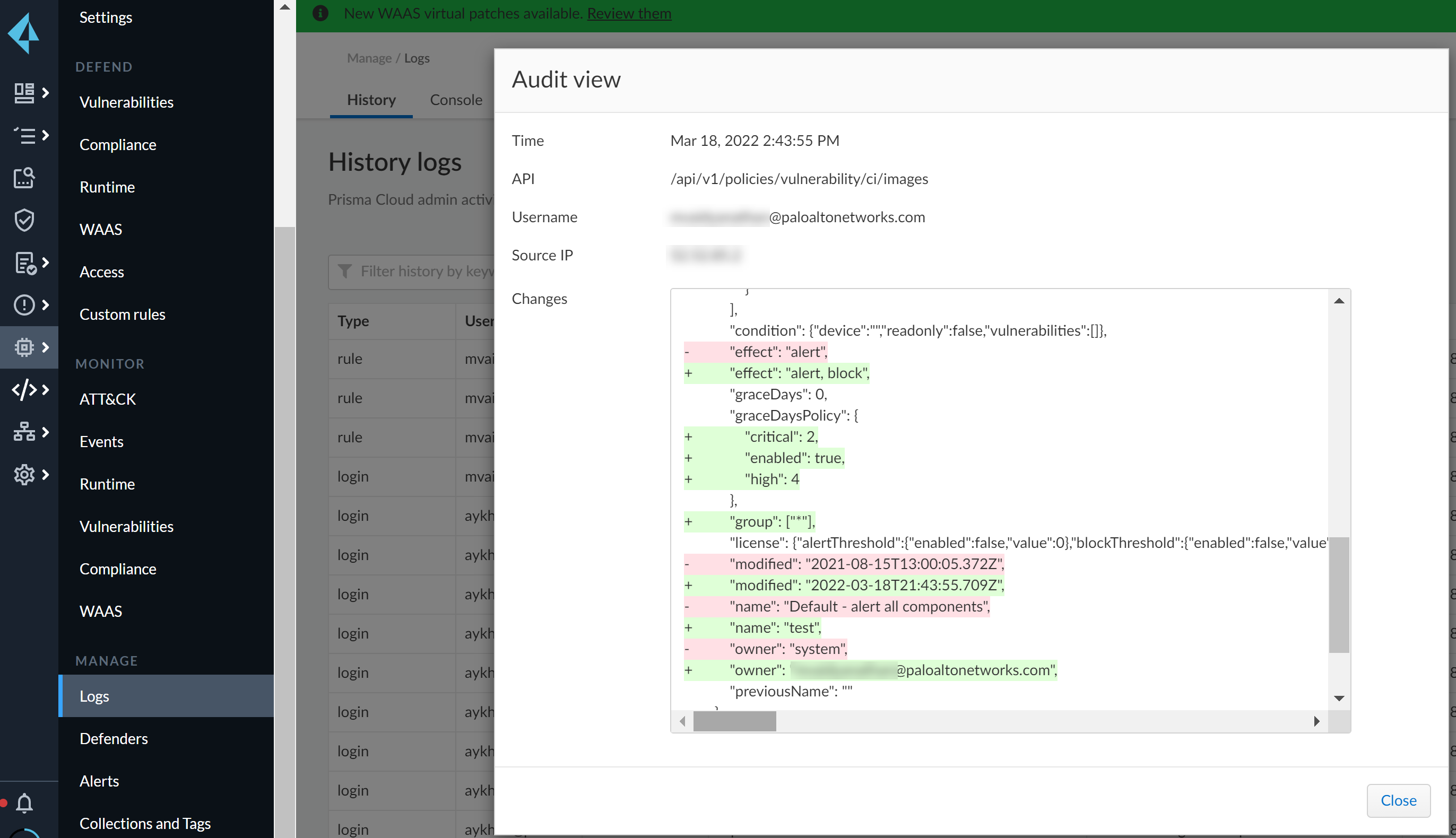 admin activity audit trail diff